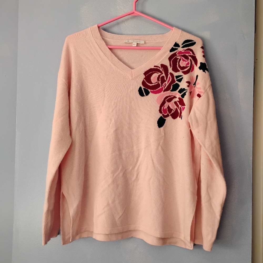 Lemonwood Pink Cashmere Blend Intarsia V-neck Sweater XL